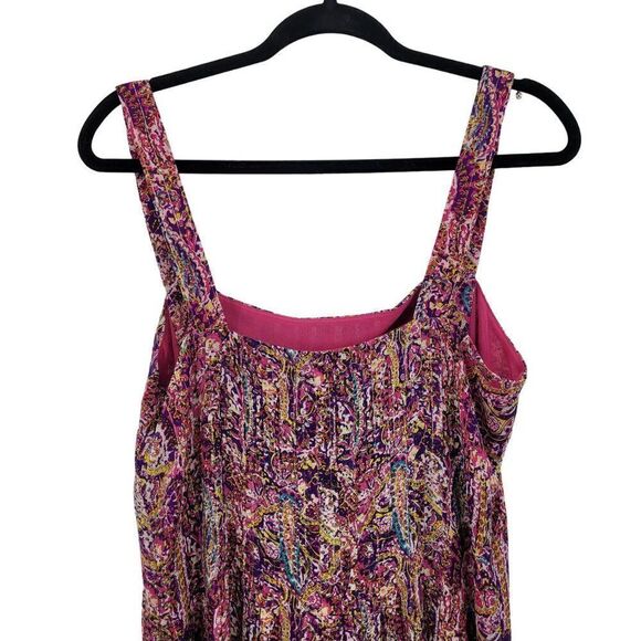 Vintage Lauren Silk Midi Dress 12 Pink Purple Paisley Sheer Square Neck Pleated - Picture 8 of 10